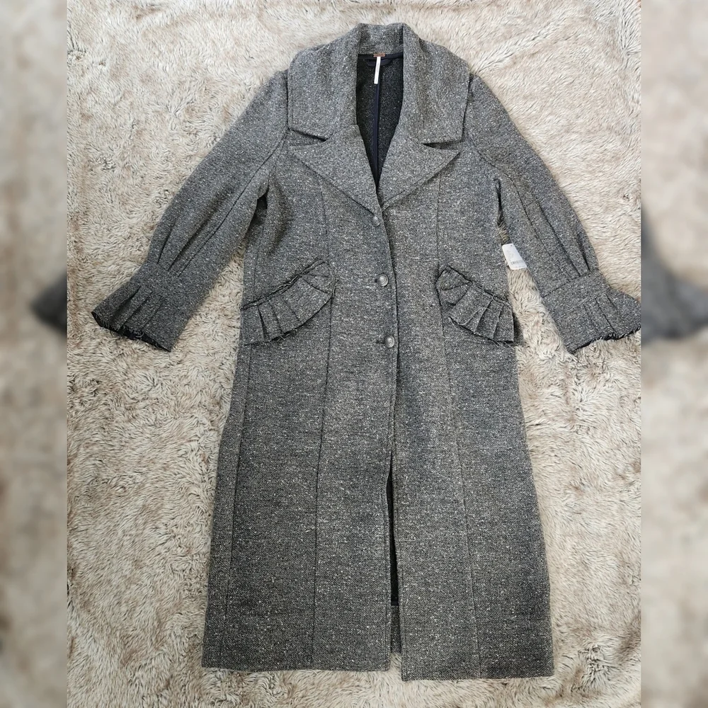 Free People Ellington Duster Coat In Charcoal Gray‎ Wool Blend Button Front